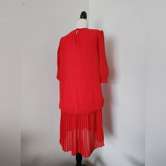 Red & Black 80s Vintage Joseph Ribkoft  Pleated Puff Sleeve Drop Waist Dress - Picture 6 of 7